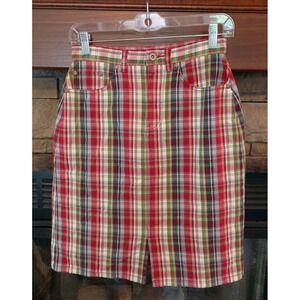 Eddie Bauer‎ Red Multicolor Plaid Knee Length With Front Slit Sz 4 100% Cotton
